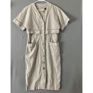 Vintage Karin Stevens  Linen Blend Dress Oatmeal Taupe Cottage Prairie Size 6